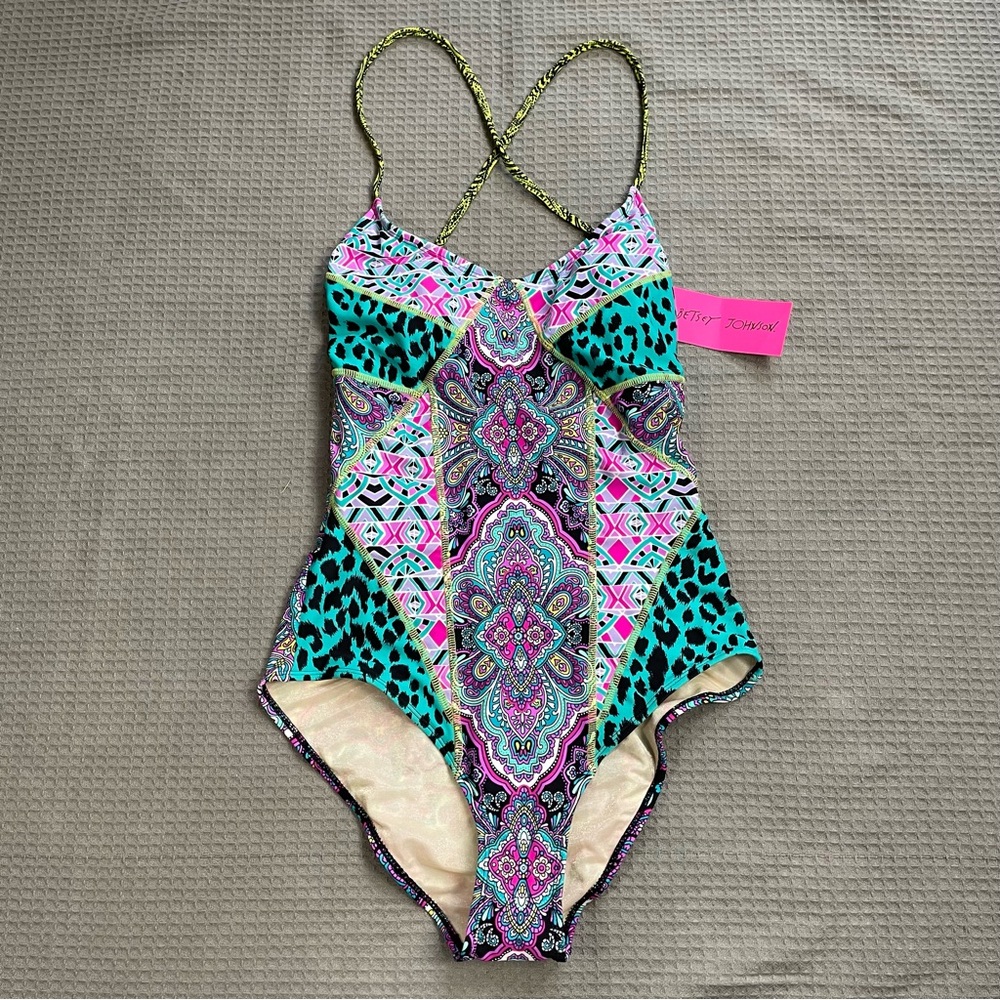 New Betsey Johnson One Piece Swimsuit Medium Womens Leopard Paisley Multi